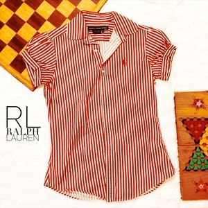 RL Sport Cropped Sleeved Button-up; Red & White